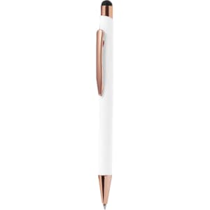 A white stylus touch ball pen with rose gold accents and a sleek design. Features a logo on the surface.