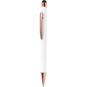 A white stylus touch ball pen with a rose gold clip and tip, featuring a branding logo.