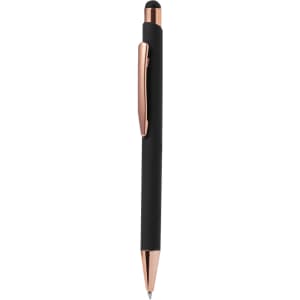A black stylus touch ball pen with a rose gold clip and tip. It features a logo on the barrel.