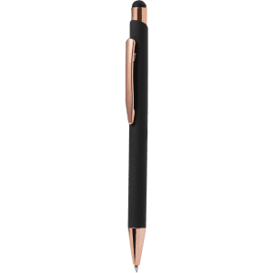 A black stylus touch ball pen with a rose gold clip and tip, featuring a sleek design and a branding logo.