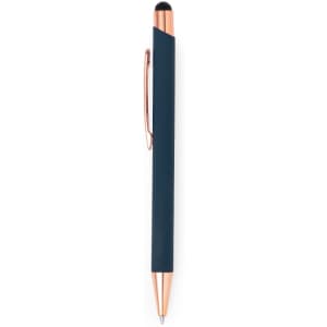 A stylus touch ball pen in navy blue with a rose gold clip and tip, featuring a logo.