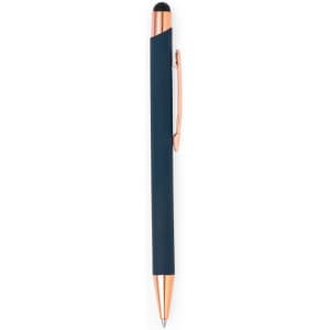 A sleek navy blue stylus touch ball pen with a rose gold clip and tip. It features a logo on its body.