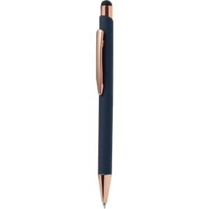 A navy stylus touch ball pen with a gold-like clip and tip, featuring a smooth finish.