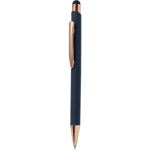A stylus touch ball pen in navy blue with a gold clip and tip. Features a sleek design and includes branding.