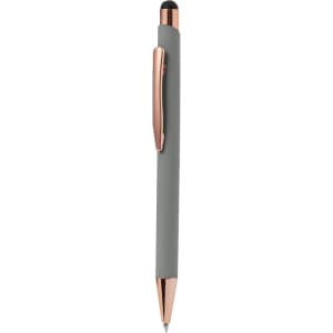 A grey stylus touch ball pen with a rose gold clip and tip, featuring a logo.