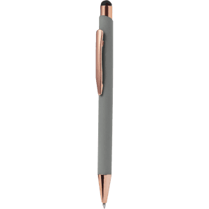 A grey stylus touch ball pen with a rose gold clip and tip. Features a smooth, modern design.