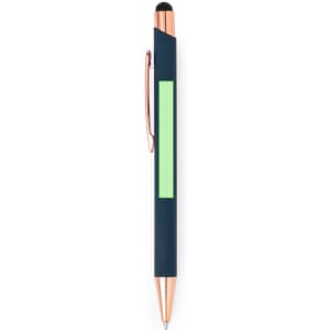 A navy blue stylus touch ball pen with a rose gold clip and accent, featuring a green section.