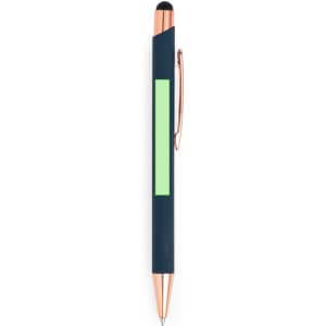 A navy blue stylus touch ball pen with a rose gold clip and a green accent strip. Features a logo on the side.