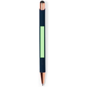 A navy stylus ball pen with a green accent and a copper tip. It features a stylus on one end.