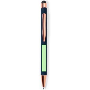 A navy blue stylus touch ball pen with a rose gold clip and a green accent section. Features a soft touch tip for screens.