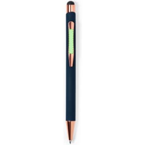 A navy blue stylus touch ball pen with a rose gold clip and a stylus tip at the top. It features a branding logo.