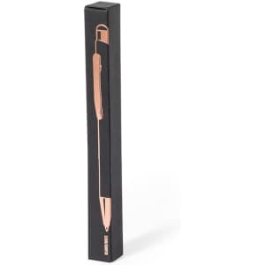 A sleek black box containing a rose gold stylus touch ball pen, featuring a branding logo.