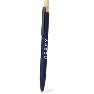 A metal pen featuring a navy blue body and a wooden clip, with a logo on the side.