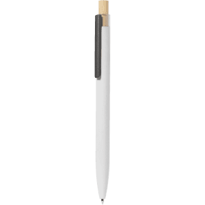 A metal pen featuring a white body and a bamboo clip, with a logo.