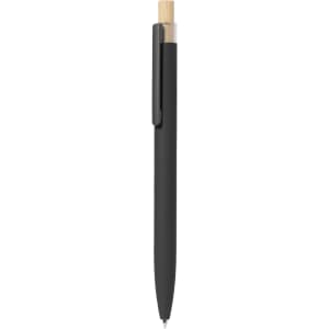 A black metal pen with a bamboo top and a clip, featuring a simple design and a branding logo.