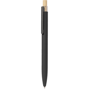 A black metal pen with gold accents and a clip, featuring a sleek and modern design.