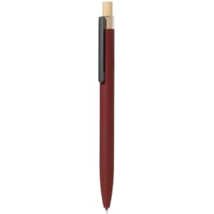 A metal pen featuring a burgundy body, black clip, and a natural wood top. It includes a small logo.