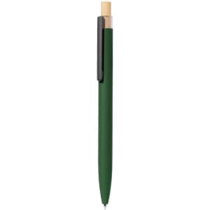 A metal pen in dark green with a wooden accent and a black clip, featuring a branding logo.