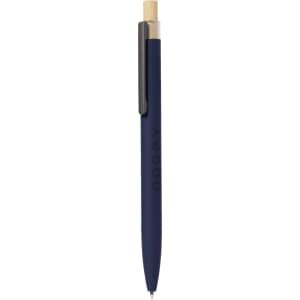 A navy blue metal pen with a wooden clip and a sleek design, featuring a logo on the barrel.