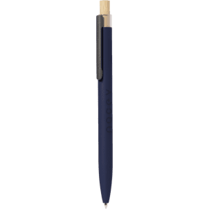 A metal pen in navy blue with a gold clip and a branding logo.