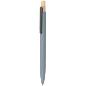 A metal pen in grey with a wooden accent and a black clip, featuring a logo.