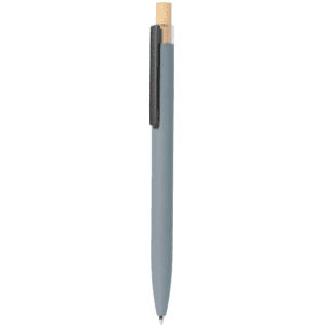 A metal pen featuring a grey body and a bamboo top, with a black clip and a branding logo.