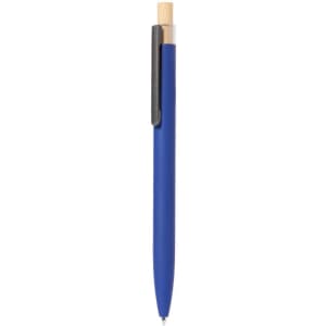 A metal pen with a blue barrel, wooden accent, and a silver clip. The pen has a sleek, modern design.