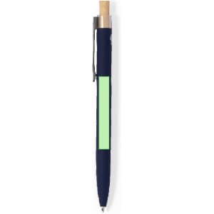 A metal pen in navy blue with a natural wood accent and a blank green section for branding.