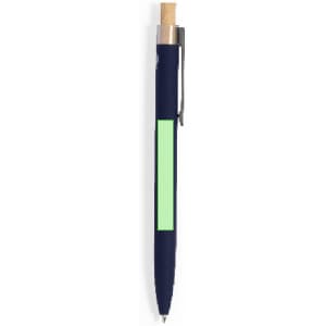 A metal pen in navy blue with a wooden cap and a green grip section. It features a logo.