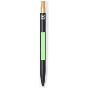 A black metal pen with a wooden top and a green section, featuring a logo.