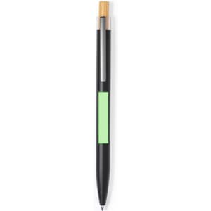 A metal pen featuring a sleek black body, a bamboo accent, and a bright green grip section with a logo.