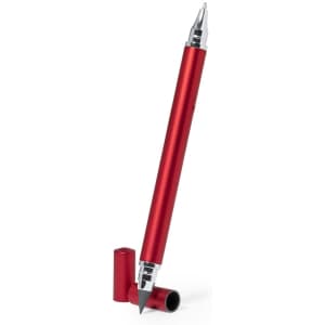 A red metal pen with a silver tip and a detachable cap, featuring a logo on the side.