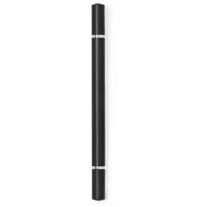 A sleek black pencil pen with silver accents, featuring a logo.
