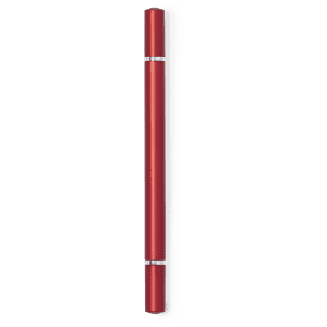 A red pencil pen with silver accents, featuring a smooth, sleek design. It includes branding on its surface.
