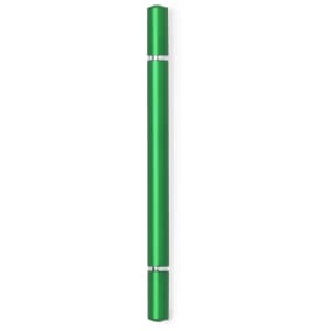 A green pen with a sleek design featuring silver accents and a branding logo.