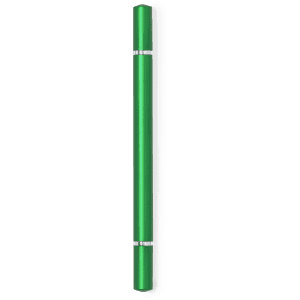 A green pencil pen with silver detailing and a sleek design, featuring a logo.