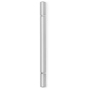 A sleek silver pencil pen with a smooth design and metallic finish, featuring a simple logo.