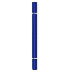 A blue pencil pen with silver accents and a sleek, cylindrical design. It features a logo on the surface.