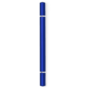 A blue pen with silver accents, featuring a sleek, streamlined design and a logo.