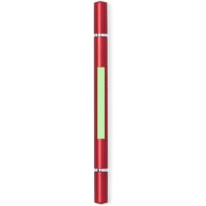 A red pen with a sleek design featuring a light green section and metallic details. It includes branding on the surface.