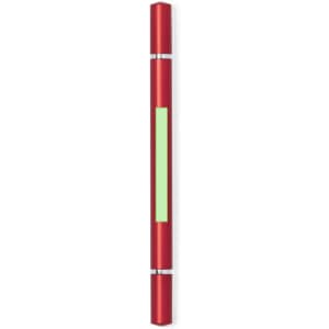 A red pen with a green accent and silver detailing, featuring a logo on its body.