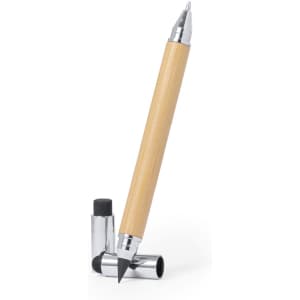 A bamboo and chrome pen with a sleek design, featuring a removable cap and a logo.