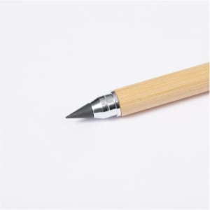 A bamboo pencil pen with a silver tip, designed for writing. It features a sleek, minimalist design.