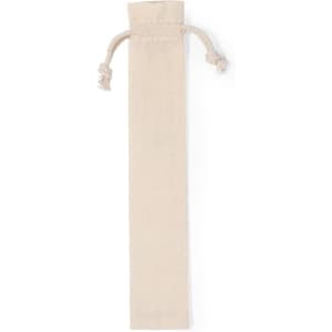 A beige fabric pouch with drawstring closure, suitable for storing items like pens or small accessories.