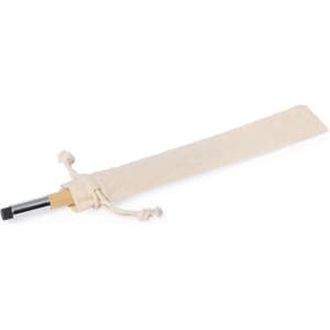 A bamboo pencil pen with a black writing tip, presented in a beige fabric pouch.