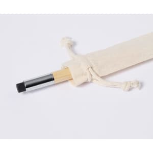 A pencil pen with a sleek silver tip, partially concealed in a cream fabric pouch.