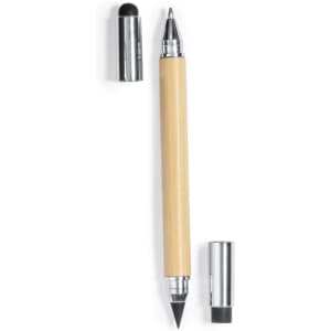 A bamboo pencil pen in silver and black, featuring interchangeable tips with caps for protection.