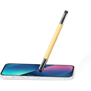 A yellow pen with a silver clip rests on a smartphone screen, showcasing its sleek design and stylus tip.