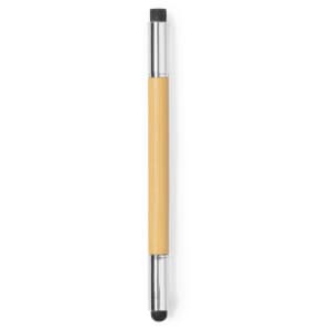 A pen with a yellow barrel, chrome accents, and black rubber tips at both ends. It features a logo.