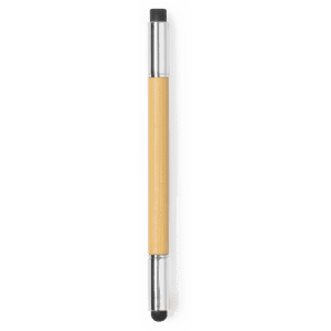 A yellow pencil pen with silver ends and a black tip, displayed in a white container. It features a logo.